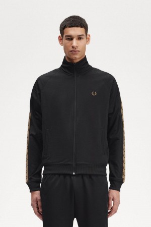 Black / Shaded Stone Fred Perry Contrast Tape Men's Track Jackets | CACVG92965