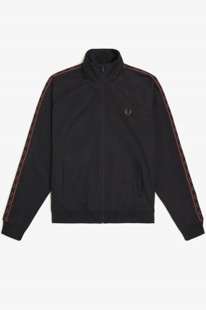 Black / Whisky Brown Fred Perry Contrast Tape Men's Track Jackets | LCATR92058