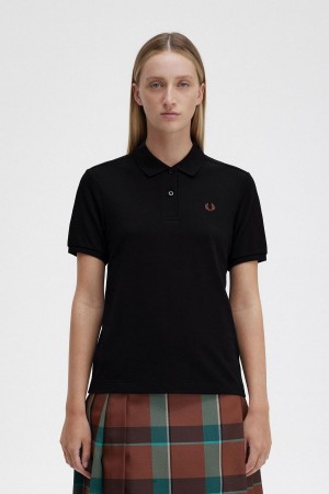 Black / Whisky Brown Fred Perry G6000 Women's T Shirts | QCAUV85161