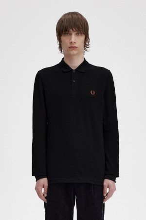 Black / Whisky Brown Fred Perry M6006 Men's Polo Shirts | DCAKV57567