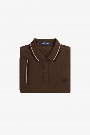 Burnt Tobacco / Dark Pink / Black Fred Perry M3600 Men's Fred Perry Shirt | FCAUI19277