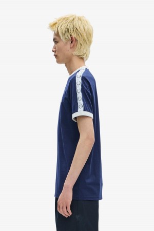 Carbon Blue Fred Perry Taped Ringer Men's T Shirts | CAQAV77508