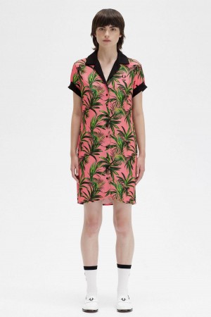 Coral Heat Fred Perry Palm Print Shirt Women's Dress | LCATR95094