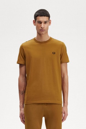 Dark Caramel / Shaded Stone Fred Perry Contrast Tape Ringer Men's T Shirts | PCAQX11636