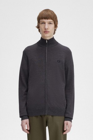 Dark Grey Marl Fred Perry Classic Zip Through Cardigan Men's Knitwear | YCAVQ44053