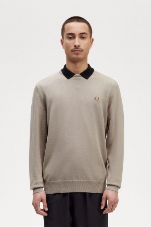 Dark Oatmeal Fred Perry Classic Crew Neck Jumper Men's Knitwear | XCAGW36797