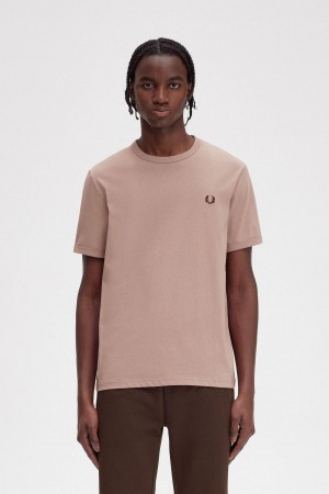 Dark Pink Fred Perry Ringer Men's T Shirts | LCATR26006