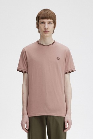 Dark Pink / Whisky Brown Fred Perry Twin Tipped Men's T Shirts | YCAVQ46432