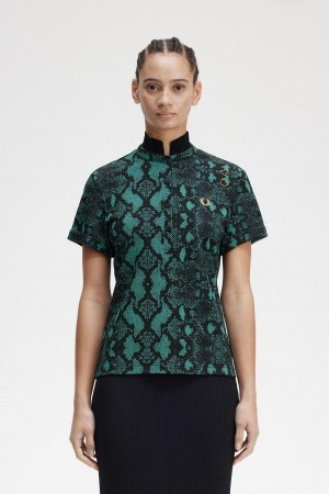 Deep Mint Fred Perry Snake Print Women's Polo Shirts | CAIIZ37444