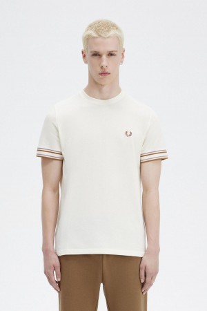 Ecru Fred Perry Bold Tipped Piqué Men's T Shirts | CANZX59563