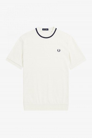 Ecru Fred Perry Crew Neck Piqué Men's T Shirts | CAZPD52427