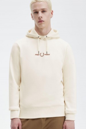 Ecru Fred Perry Embroidered Hooded Men's Sweatshirts | CAJVR33653