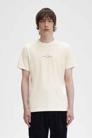 Ecru Fred Perry Embroidered Men's T Shirts | YCAGT41107