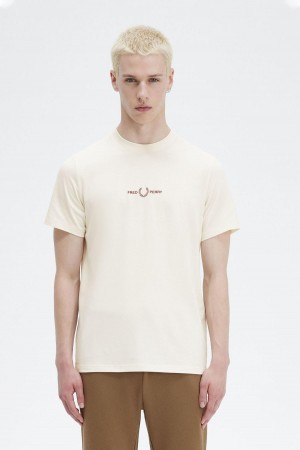 Ecru Fred Perry Embroidered Men's T Shirts | MCAFT11872