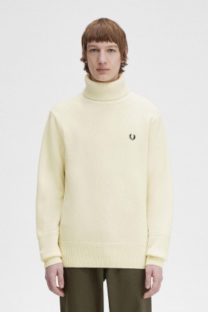 Ecru Fred Perry Knitted Roll Neck Jumper Men's Knitwear | PCAER54325