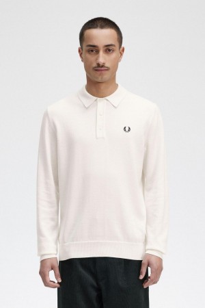 Ecru Fred Perry Long Sleeve Knitted Shirt Men's Knitwear | PCAER76144