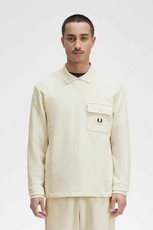 Ecru Fred Perry Long Sleeve Loopback Men's Sweatshirts | FCAHY59956