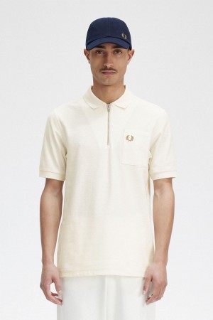 Ecru Fred Perry Textured Zip Neck Polo Shirt Men's Polo Shirts | CACVG16609