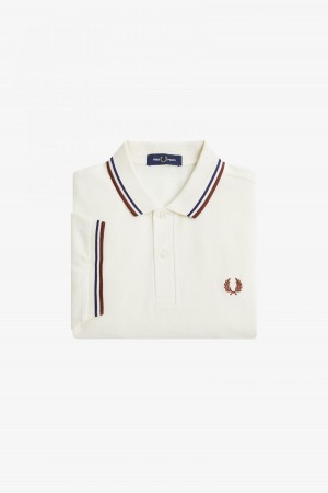 Ecru / French Navy / Whisky Brown Fred Perry M3600 Men's Fred Perry Shirt | LCATR47981