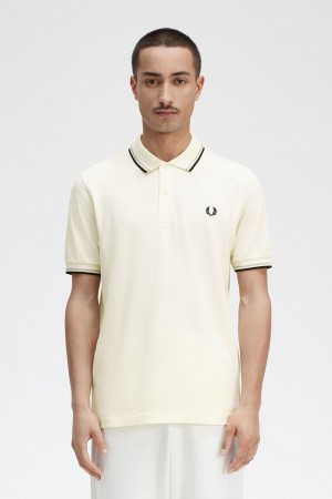 Ecru / Limestone / Black Fred Perry M3600 Men's Polo Shirts | LCATR87025