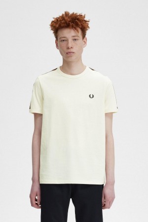 Ecru / Whisky Brown Fred Perry Contrast Tape Ringer Men's T Shirts | QCAWA78463