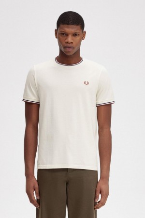 Ecru / Whisky Brown Fred Perry Twin Tipped Men's T Shirts | CAQAV69530