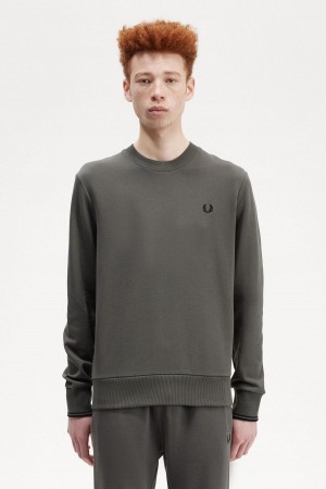 Field Green Fred Perry Crew Neck Men's Sweatshirts | CANZX73060