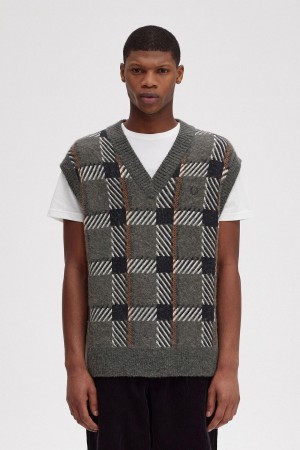 Field Green Fred Perry Glitch Tartan Knitted Tank Men's Knitwear | TCAPQ84971