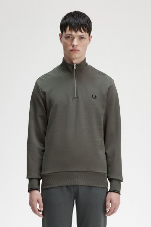 Field Green Fred Perry Half Zip Men's Sweatshirts | CAXBR92497