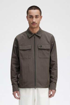 Field Green Fred Perry Lightweight Zip-Through Men's Shirts | ECAVG98165