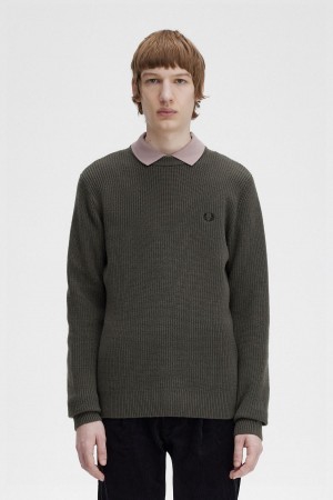 Field Green Fred Perry Textured Lambswool Jumper Men's Knitwear | CAJZR65509