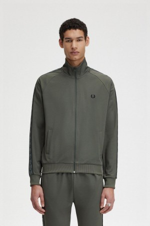 Field Green / Black Fred Perry Contrast Tape Men's Track Jackets | CAEGJ71735