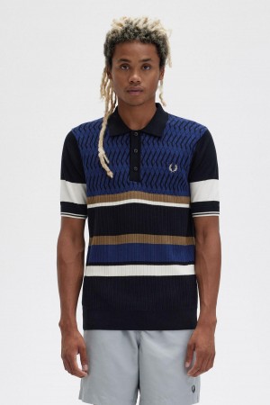 French Navy Fred Perry Argyle Panel Knitted Shirt Men's Knitwear | QCAWA87165