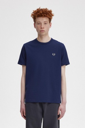 French Navy / Snow White Fred Perry Ringer Men's T Shirts | CAJVR84535