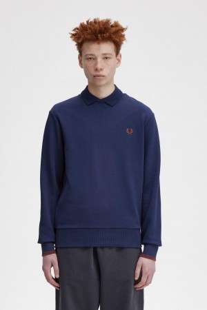 French Navy / Whisky Brown Fred Perry Crew Neck Men's Sweatshirts | GCAUC61392