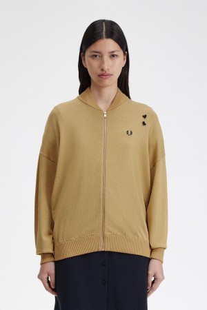 Gold Fred Perry Metallic Knitted Bomber Women's Coats | ZCAMJ50628