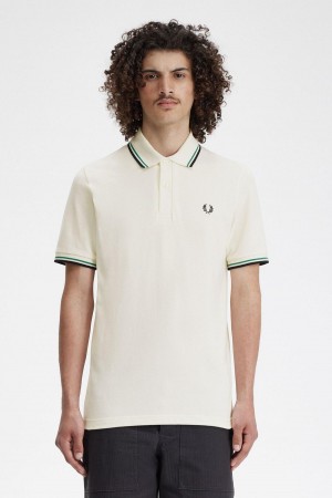 Light Ecru / Fred Perry Green / Black Fred Perry M12 Men's Polo Shirts | CAXBR57070