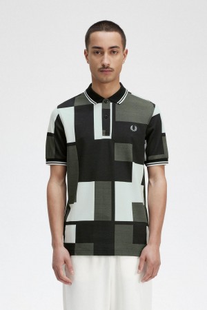 Light Ice Fred Perry Pixel Print Fred Perry Shirt Men's Polo Shirts | ZCAMJ72669