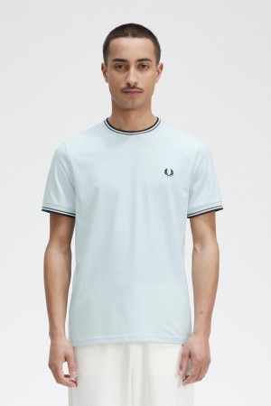 Light Ice / Field Green / Black Fred Perry Twin Tipped Men's T Shirts | BCASD59982