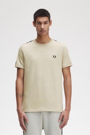 Light Oyster / Black Fred Perry Contrast Tape Ringer Men's T Shirts | FCAHY90355