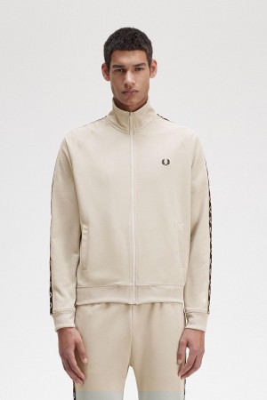 Light Oyster / Black Fred Perry Contrast Tape Men's Track Jackets | CAJZR68129