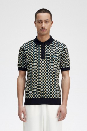 Light Oyster / Black Fred Perry Glitch Chequerboard Knitted Shirt Men's Knitwear | CAEAH45916