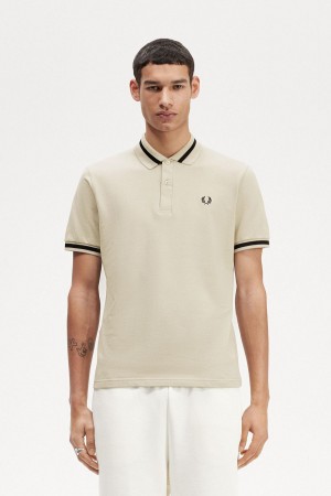 Light Oyster / Navy Fred Perry M2 Men's Polo Shirts | CAJKU47203