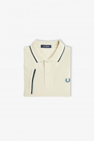 Light Oyster / Snow White / Petrol Blue Fred Perry M3600 Men's Fred Perry Shirt | SCAVO23190