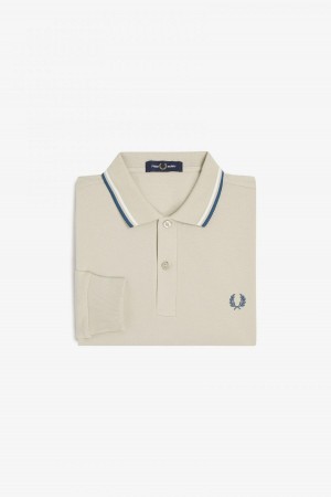 Light Oyster / Snow White / Petrol Blue Fred Perry M3636 Men's Fred Perry Shirt | SCAVO66164