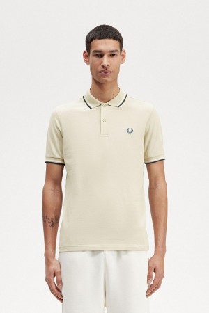 Light Oyster / Snow White / Petrol Blue Fred Perry M3600 Men's Polo Shirts | ECAHC62905