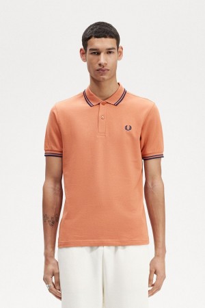 Light Rust / French Navy / French Navy Fred Perry M3600 Men's Polo Shirts | FCAHY98344