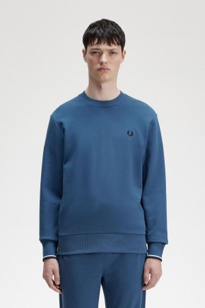 Midnight Blue Fred Perry Crew Neck Men's Sweatshirts | CAEGJ88891