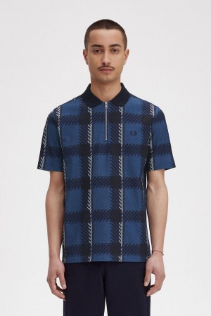 Midnight Blue Fred Perry Glitch Tartan Zip Neck Polo Shirt Men's Polo Shirts | CAICD92805