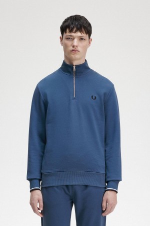 Midnight Blue Fred Perry Half Zip Men's Sweatshirts | CAQCS11104